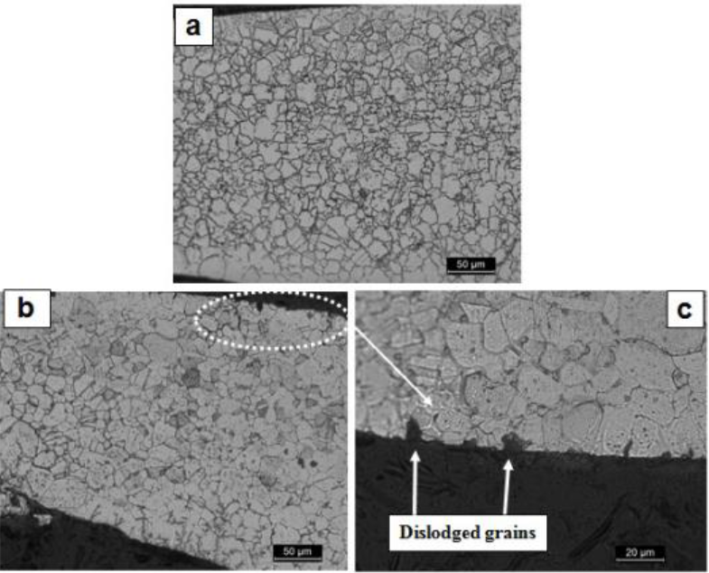 Optical micrograph of failed wire rope shows (a) austenitic grain
							structure with annealing twins, (b) few grains are dislodged from the
							grain boundaries at the surface near fracture and (c) high magnification
							of dislodged grains.