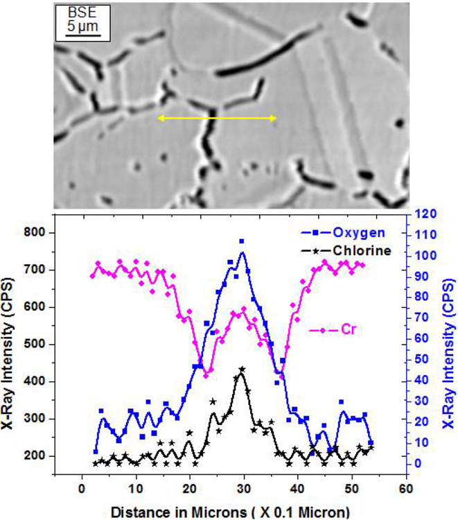 EPMA Line profile of the elements O, C1 and Cr across the grain
							boundary demonstrates as reflected in the X-ray mappings.