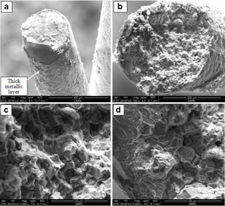SEM fractographs of tensile tested failed wire rope: (a) low
							magnification and (b-d) High magnification reveals flat fracture with
							intergranular mode of failure.