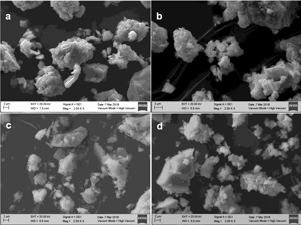 SEM micrographs of natural minerals catalysts a. NC-Dolomitc, b.
								C-Dolomitc, C NC-Clinoptilolite and d. C-Clinoptilolitc. EHT: 20kV,
								Mag: 2.00k.