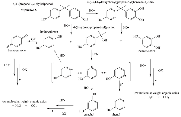 pathway for the photocatalytic degradation of bisphenol A with
									TiO2-P25 illuminated with UV light
