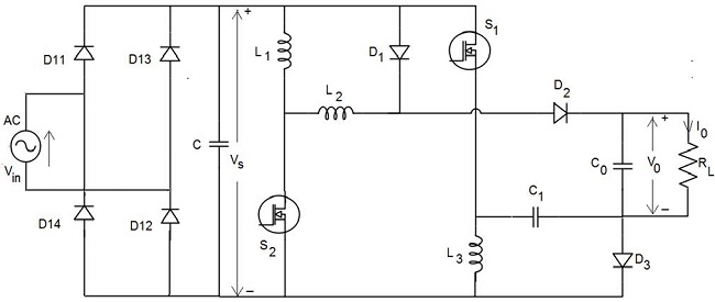 Circuit configuration of the proposed rectifier-fed non-isolated
positive output DC-DC boost converter.