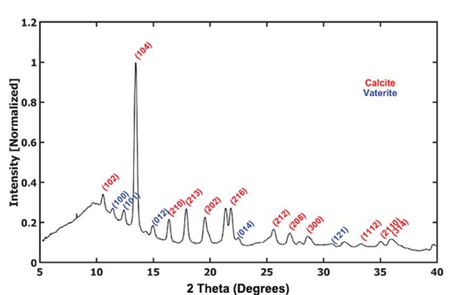 X-ray diffraction patterns of calcite CaCO3 and
								vaterite CaCO3 polymorphs obtained by biomineralization
								of Bacillus subtilis culture after 3 days of
								exposure. biomineralization of Bacillus.