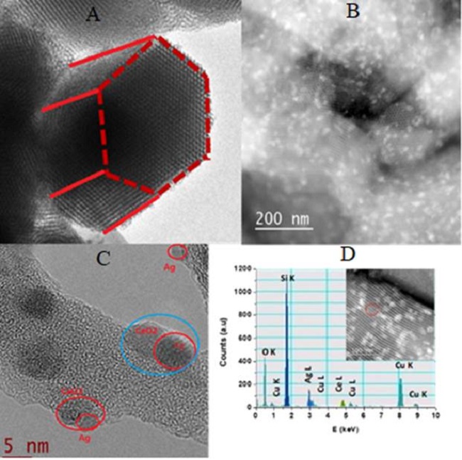 TEM micrographs of 3Ag/20CeO2/SBA-15 and EDS profile
								of the selected area. (A) SBA-15. (B) 20wt%CeO2/SBA-15.
								(C) 5Ag/20CeO2/SBA-15;. (D) EDS of
								5Ag/20CeO2/SBA-15.