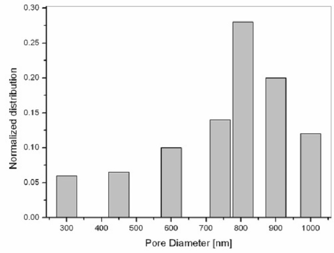 Size distribution of pore diameters of sol-gel silica film with ETOH molar ratio of 4.