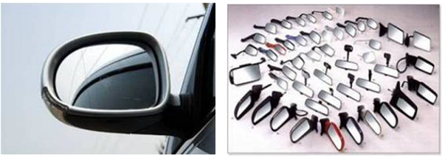 (a) A side mirror of a vehicle; (b) different styles of various auto
							mirrors.