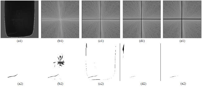 The filtered Fourier frequency images and corresponding resulting
								outcomes with various filtering widths: (a) pre-processed image and
								result by inspector; (b) filtering width 1; (c) filtering width 2;
								(d) filtering width 3; (e) filtering width 4.