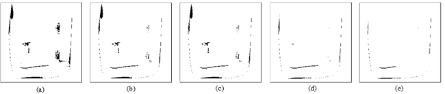 Outcomes of applying various control values to binarization of
								the rebuilt images: (a) threshold = 0.01; (b) threshold = 0.03; (c)
								threshold = 0.05; (d) threshold = 0.07; (e) threshold =
								0.09.