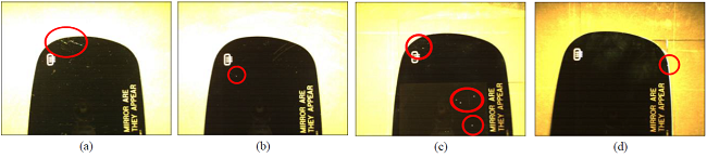 Some general sorts of appearance faults on auto mirrors: (a)
							scratches, (b) chips, (c) pinholes, (d) broken edges.