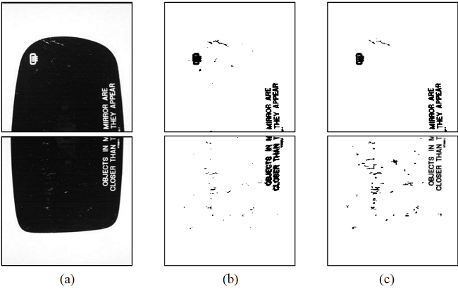 Preliminarily processed images of a captured testing sample: (a)
							initial intensity images; (b) binary images by Otsu skill; (c) binary
							images by manual thresholds.