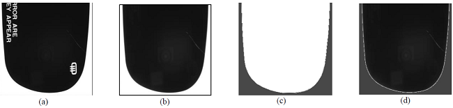 Outcomes in the operations of image pre-progressing: (a) initial
								(normal) image; (b) mark-removed image; (c) ROI image; (d) merged
								image.