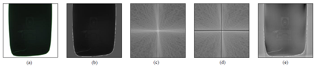 Results in the operations of Fourier high-pass filtering: (a)
								testing (faulty) image; (b) pre-processed image; (c) Fourier domain
								image; (d) filtered frequency image; (e) rebuilt image.