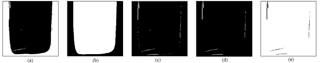 Results in the operations of comparisons of image differences:
								(a) binarized rebuilt image; (b) convex hull image; (c) XOR image;
								(d) noise-removed image; (e) resulting fault image.