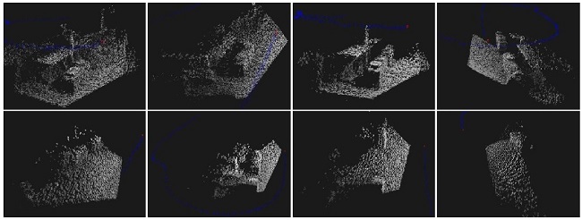 Detail of reconstruction, using a surfel radius of 5 pixels.
								First row: proposed method. The benches and tables present in the
								scene are easily recognizable, resulting from the correct surface
								normal estimation. Second row: without estimating surfels normals.
								This time the scene cannot be easily recognized, and artifacts
								caused by incorrect surfel normals are present.