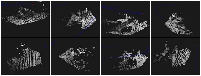 Detail of reconstruction with a surfel radius of 12 pixels. The
								first row shows results with the present method, while the second
								row shows results without estimating the surfels normal. With the
								proposed method, even with such a coarse surfel reconstruction size,
								the benches and tables present in the scene can be still recognized,
								and the floor is correctly recovered. On the other hand, without
								estimating the surfels normal, the scene is almost completely
								unrecognizable, and there are heavy plane-depth related
								artifacts.