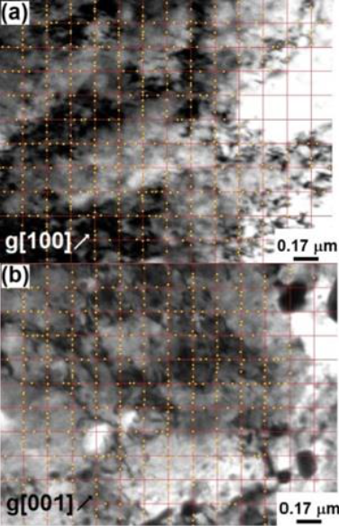 Bright-field TEM micrographs of the studied conditions: (a) HR+WQ+T,
							and (b) HR+AC, respectively. Interception points between the net and
							dislocations are highlighted.