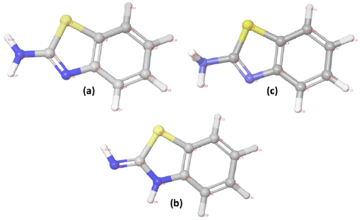 Mullikan charges on (a) amino, (b) imino, and (b) protonated form
								of 2-ABT.