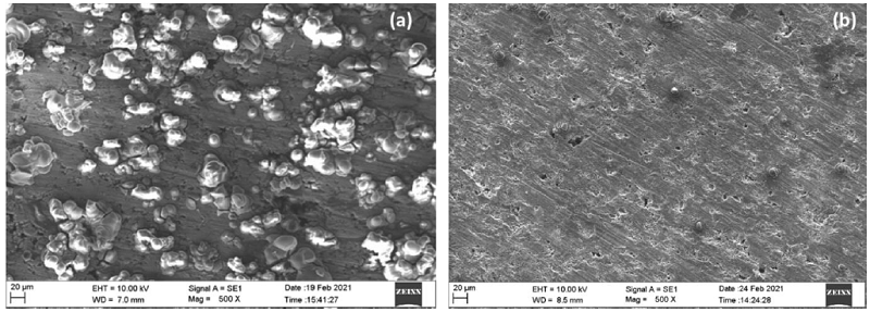 SEM pictures of Al-SiC composite specimen immersed in a) 0.5M
								HCl, and b) (0.5M HCl + 1 mM 2-ABT).