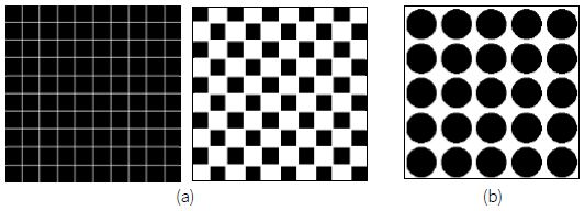 The reconstructed base element images from the Hough domains
								using (a) checkers pattern, and (b) dots pattern.