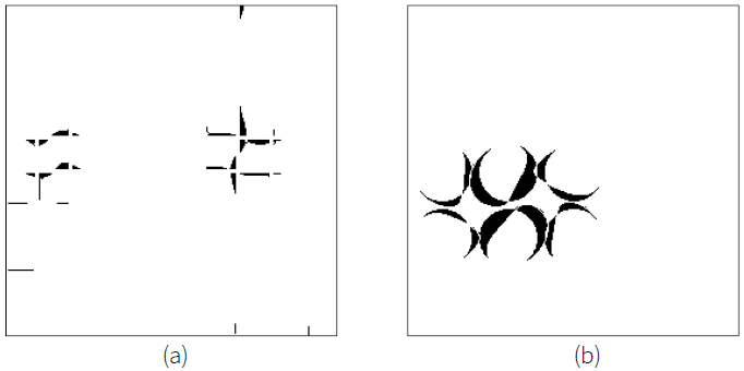 The resulting binary difference images of using (a) checkers
								pattern, and (b) dots pattern.