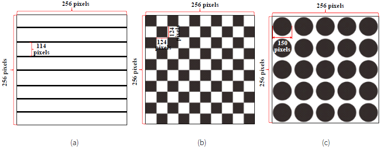 Three common standard patterns used in this study: (a) lines pattern;
							(b) checkers pattern; (c) dots pattern.