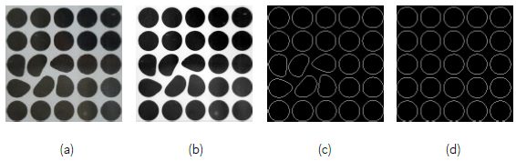 The transmitted deformation images from digital imaging of the
								dots pattern through testing defective glass: (a) the captured
								image, (b) the enhanced image, (c) the binary edge image of
								defective areas, (d) the binary edge image of normal
								regions.