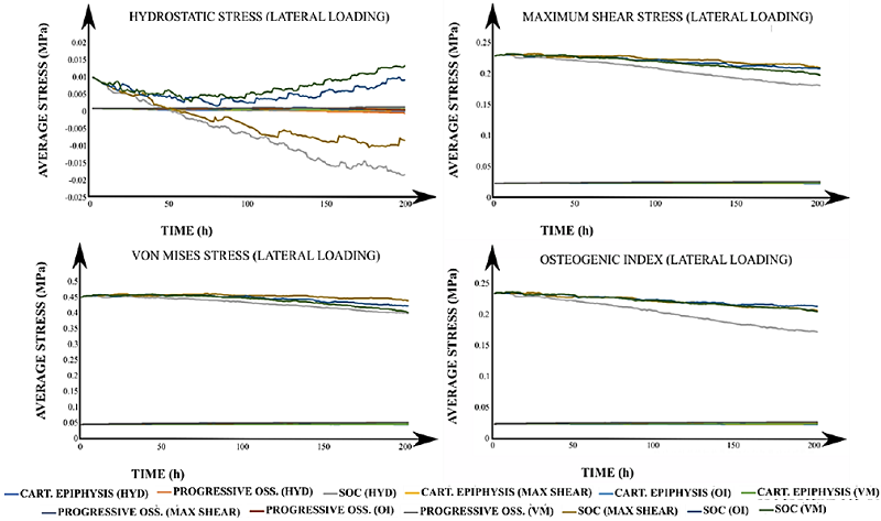 Epiphyseal average stresses for all simulated cases under a
								lateral loading. The title of each graph corresponds to the
								calculated average value of the stimulus with the applied loading
								scheme (in parenthesis). In the legend, each label has the
								corresponding developmental scenario (cartilaginous epiphysis,
								progressive ossification, and the onset of the SOC) and, in
								brackets, the driving stimulus for the column advance. CART:
								Cartilaginous. OSS: Ossification. SOC: Secondary Ossification
								Center. HYD: Hydrostatic stress. OI: Osteogenic Index. VM: Von Mises
								stress.