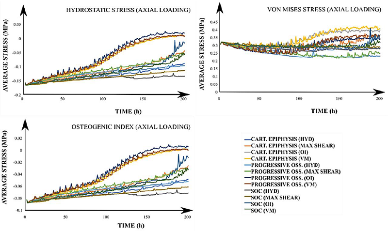 Growth plate average stresses for all simulated cases under an
								axial loading. The title of each graph corresponds to the calculated
								average value of the stimulus with the applied loading scheme (in
								parenthesis). In the legend, each label has the corresponding
								developmental scenario (cartilaginous epiphysis, progressive
								ossification, and the onset of the SOC) and, in brackets, the
								driving stimulus for the column advance. CART: Cartilaginous. OSS:
								Ossification. SOC: Secondary Ossification Center. HYD: Hydrostatic
								stress. OI: Osteogenic Index. VM: Von Mises