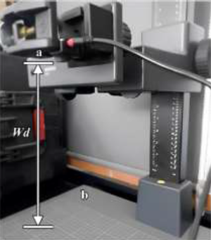 Mounting of the video camera (A) on the Kaiser base grid in
centimeters (B) for calibration (pixel-cm) tests. Captures were
taken at different working distances as indicated by
Wd.