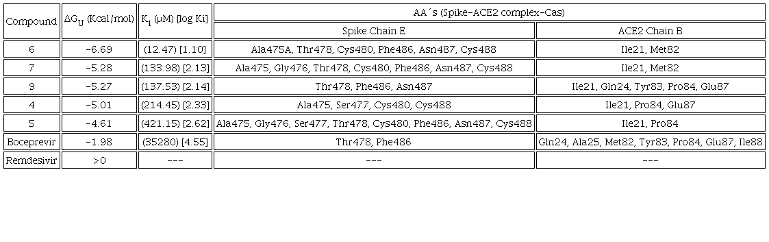 Binding affinities predicted inhibition constants and potential interactions for the best rated Spike-ACE2 RBD Domain C-terminal-Cas-adducts.