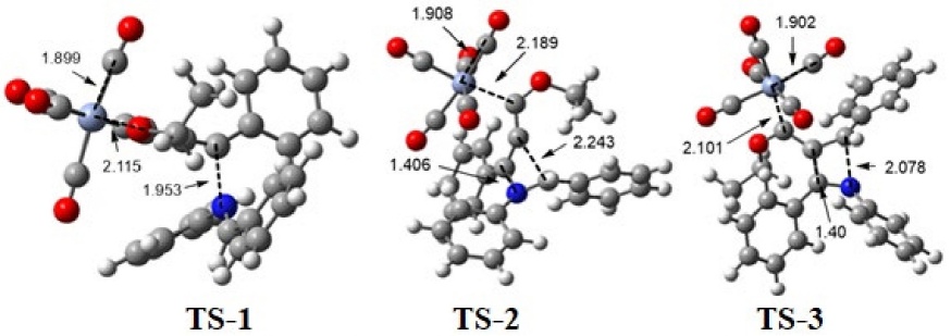 Structures corresponding to the transition states TS-1, TS-2, and TS-3 at the M06-L/6-311++G**/Cr=LANL2TZ/SCRF=THF level of theory. Bond distances are given in �. Color code of the spheres pictured: hydrogen atoms in white, carbon atoms in grey, nitrogen atoms in blue, oxygen atoms in red, and chromium atoms in light blue.