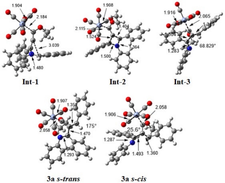 Optimized structures of intermediates Int-1, Int-2, and Int-3, as well as products 3a (s-cis) and 3a (s-trans) at the M06-L/6-311++G**/Cr=LANL2TZ/SCRF=THF level of theory. Bond distances are given in �. Color code of the spheres depicted: hydrogen atoms in white, carbon atoms in grey, nitrogen atoms in blue, oxygen atoms in red, and chromium atoms in light blue.