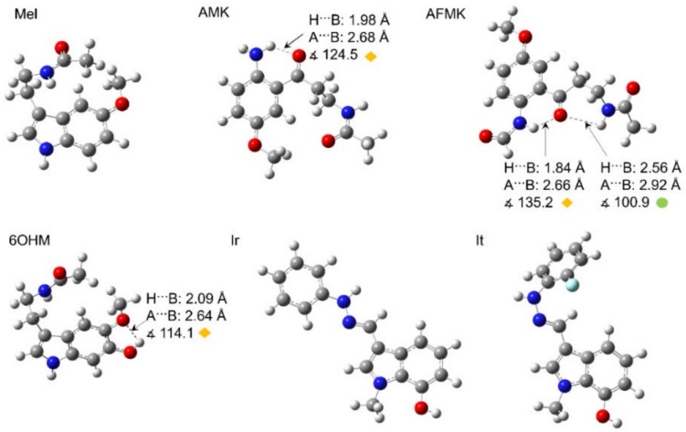 Optimized geometries of Mel and its analogues in the water phase (same in pentyl ethanoate). Arrows indicate the hydrogen bonds with geometric parameter values. The colored circles and rhombuses indicate the types of hydrogen bonds formed, where yellow rhombuses show strong hydrogen bonds, and green circles show weak hydrogen bonds. Distances are reported in Å.