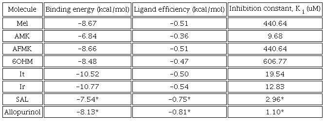 Binding energy, ligand efficiency, and Ki values for each molecule.