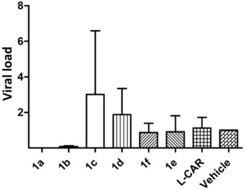 Inhibition of DENV4 serotype 4 infection in Vero CCL-81 cells. The experiment was performed three independent times in duplicate and the bars depict the standard deviation of the mean (n = 6).