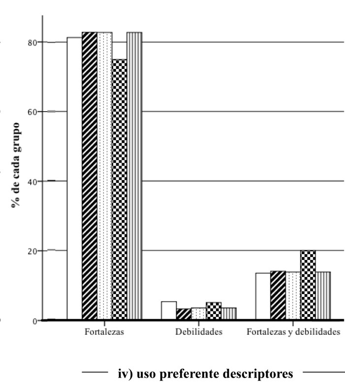Porcentaje de participantes por grupo según su elección en la pregunta (iv) uso preferente de descriptores.