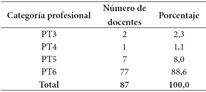 Distribuci&oacute;n de las
categor&iacute;as profesionales a la que pertenece el personal docente entrevistado