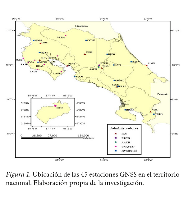 Ubicaci&oacute;n
de las 45 estaciones GNSS en el territorio nacional