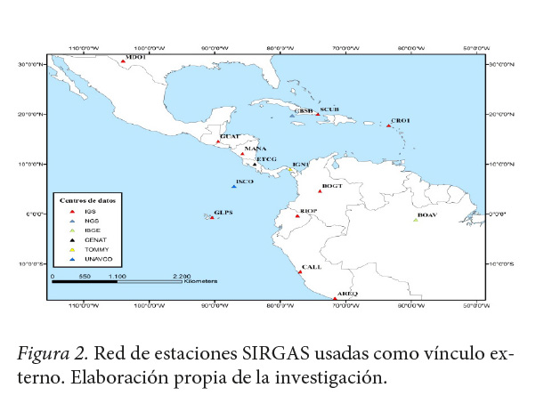 Red
de estaciones SIRGAS usadas como v&iacute;nculo externo