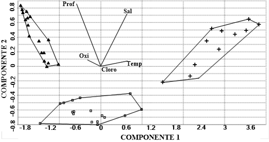 Ordinación del análisis de componentes principales para el ensamblaje uno (+) diferenciado por la salinidad y temperatura, el ensamblaje dos (▲) por la profundidad y el ensamblaje tres (□) con una influencia intermedia de todas las variables. Nota: Fuente propia de la investigación.