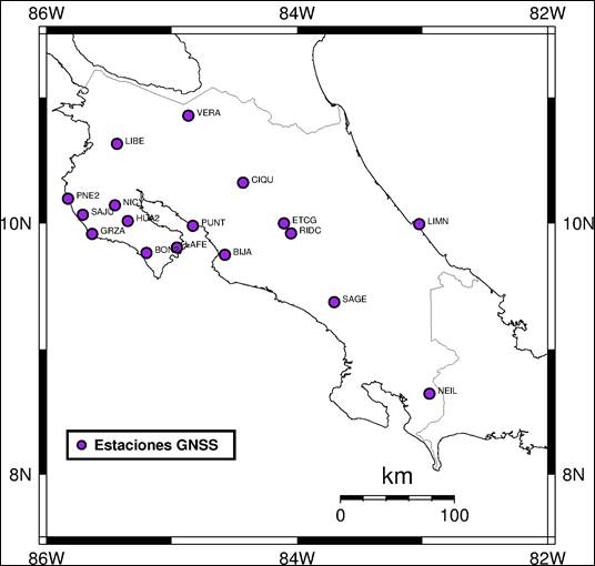 Ubicación de las estaciones en Costa Rica. Fuente: Elaboración propia, tomando como base la información del programa GMT