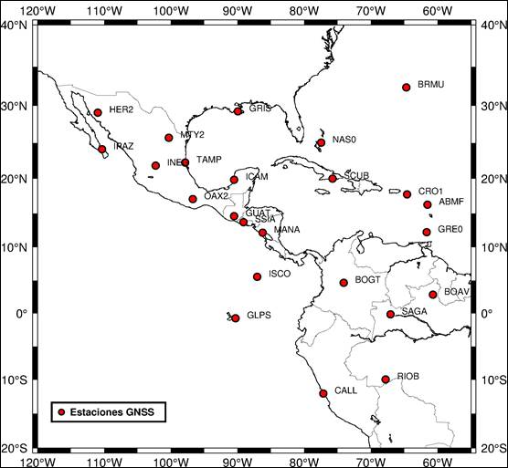 Ubicación de las estaciones fiduciales. Fuente: Elaboración propia, tomando como base la información del programa GMT
