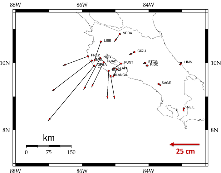 Vectores de desplazamiento horizontal. Fuente: Elaboración propia, tomando como base la información del programa GMT