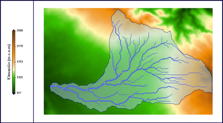 Cuenca y red de drenaje simulada. Fuente: propia del estudio