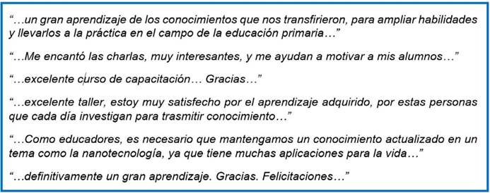 Comentarios expresados por algunos de los participantes en el proyecto “Nanoprofesor: conceptualización y difusión de la Nanotecnología para fomentar la vocación científica en los niños y niñas de educación primaria en Costa Rica”.