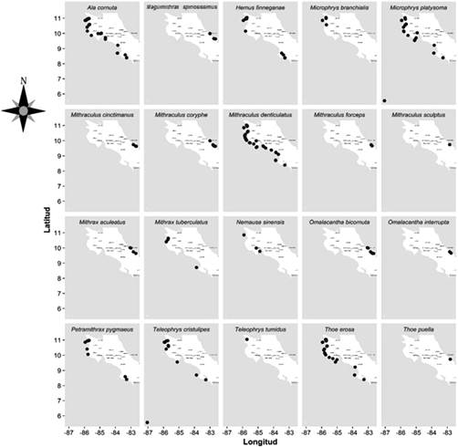 Mapas de distribución por especie de cangrejos mitrácidos de la región noreste del Caribe y el suroeste del Pacífico costarricense periodo (1963-2016).