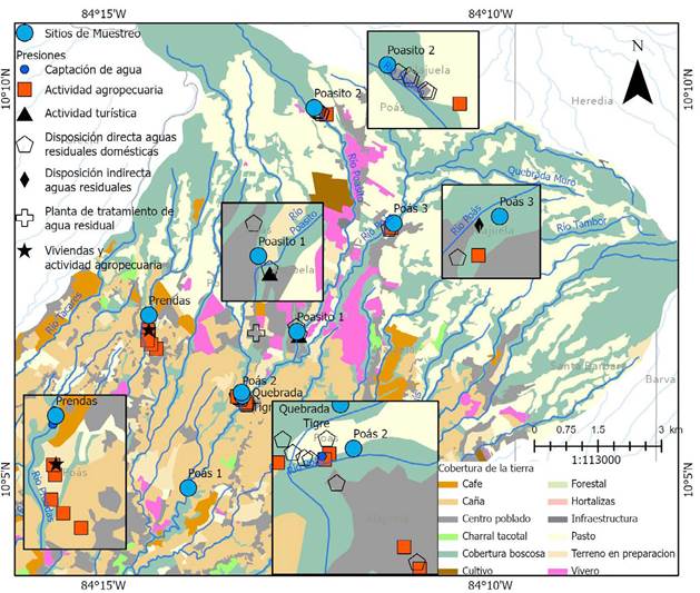 Distribución espacial de aspectos socioambientales identificados en la zona de estudio.