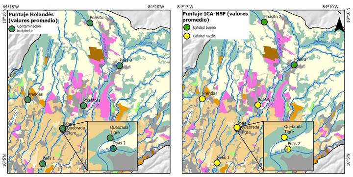 Distribución espacial promedio de la calidad del agua superficial de la parte alta de la microcuenca del río Poás según A: Índice holandés y B: Índice FNS.