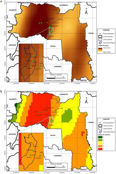 Mapa de gradiente de ondulaci&oacute;n geoidal (a) y zonas de variaci&oacute;n (b).