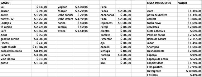 Planilla secundaria destinada a alimentaci&oacute;n presente en presupuesto de E1 en pesos chilenos.